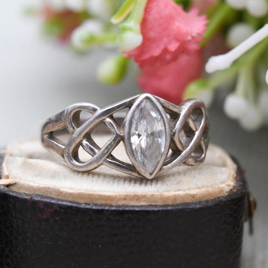 Vintage Sterling Silver Celtic Solitaire Ring - Pointed Oval White Stone | Cut Out Celtic Knot | UK Size - M 1/2 | US Size - 6 1/2
