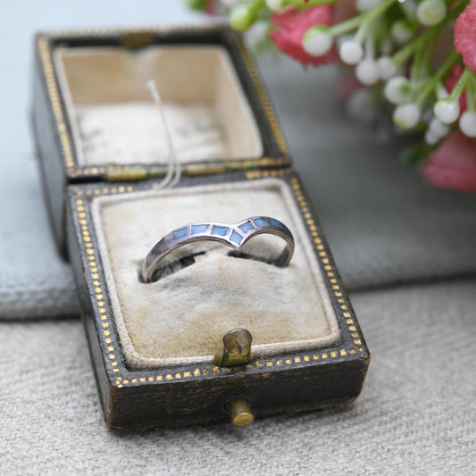 Vintage Sterling Silver Blue Stone Inlay Wishbone Ring - Southwestern Style | Everyday | UK Size - N | US Size - 7 3/4