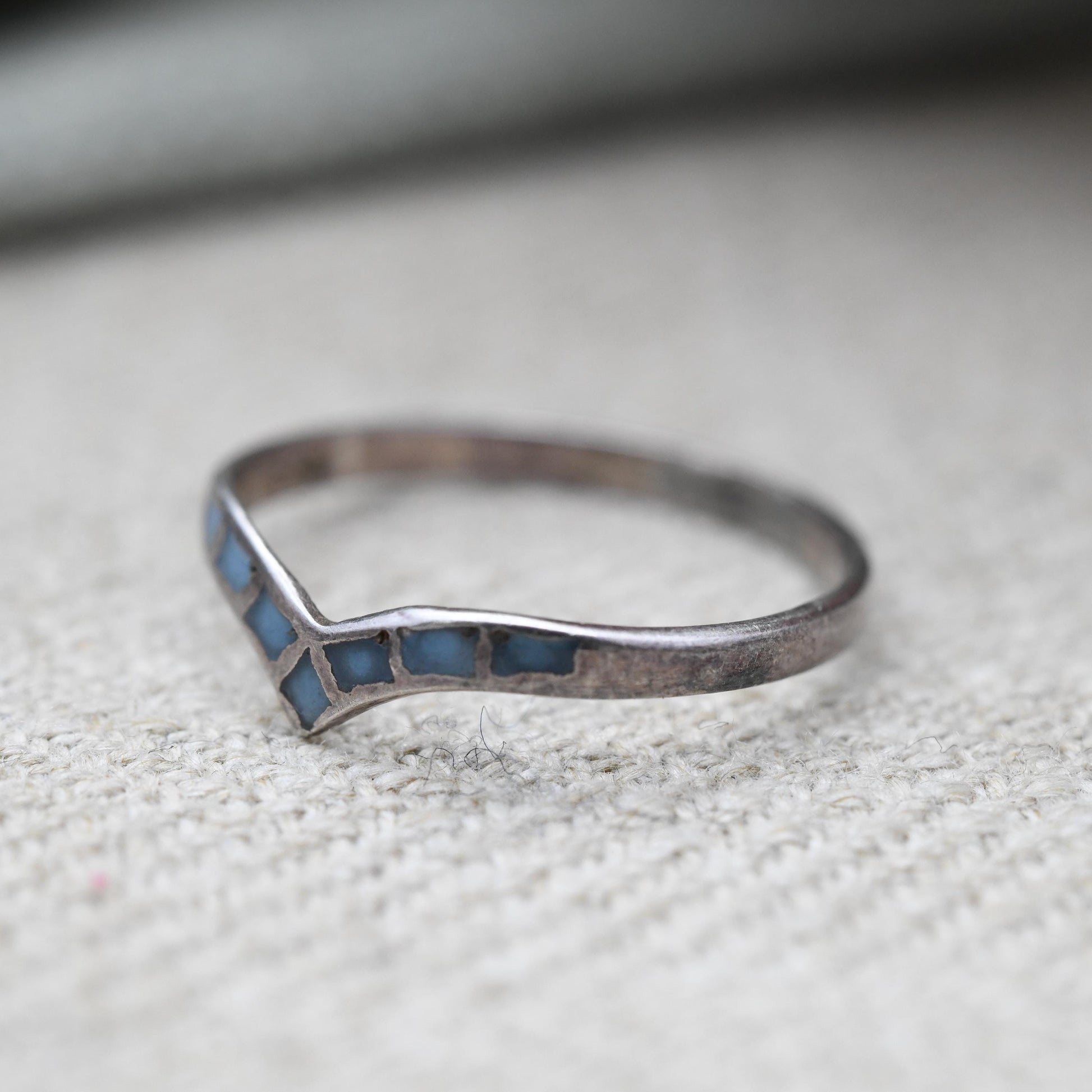 Vintage Sterling Silver Blue Stone Inlay Wishbone Ring - Southwestern Style | Everyday | UK Size - N | US Size - 7 3/4