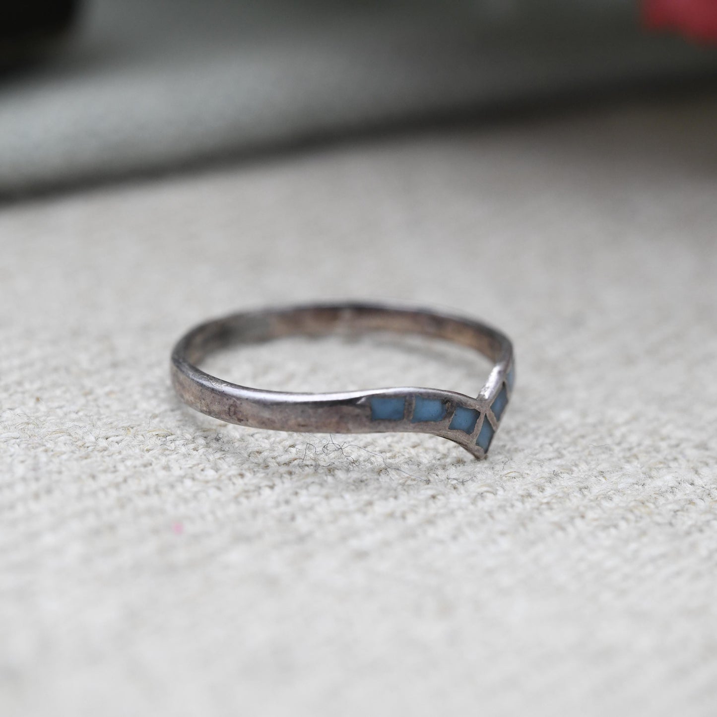 Vintage Sterling Silver Blue Stone Inlay Wishbone Ring - Southwestern Style | Everyday | UK Size - N | US Size - 7 3/4