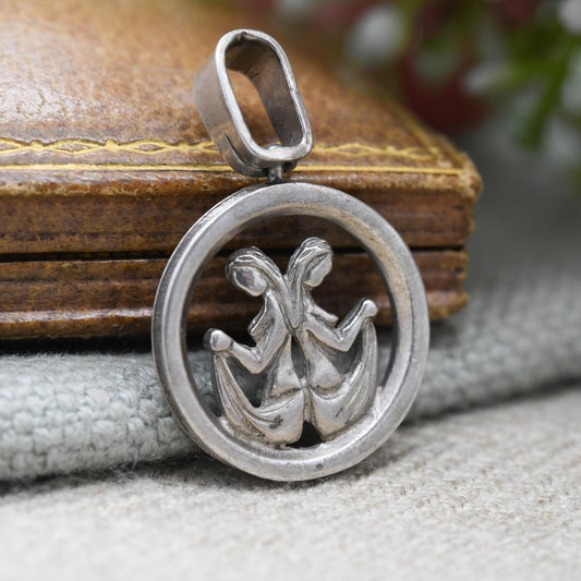 Vintage Sterling Silver Gemini Pendant - Twin Women | Astrological | Zodiac Star Sign Symbol | May June Birthday Gift