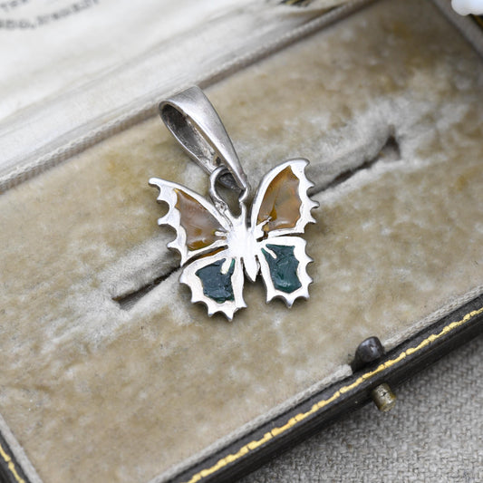 Vintage Sterling Silver Butterfly Pendant with Plique a Jour Wings - Yellow and Green Stained Glass | Pendant Charm Necklace Stack