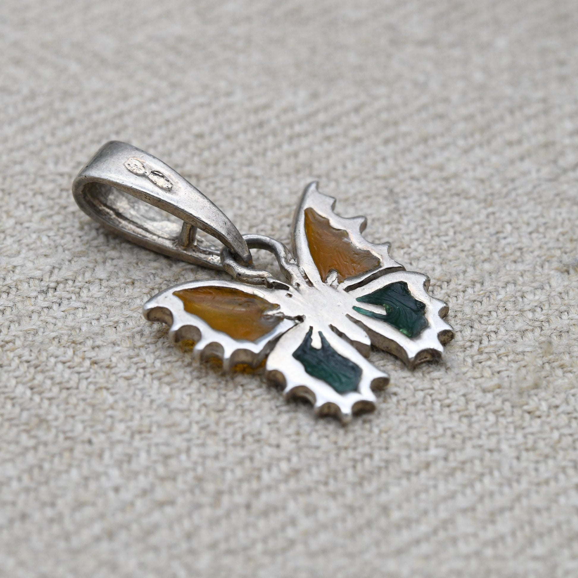 Vintage Sterling Silver Butterfly Pendant with Plique a Jour Wings - Yellow and Green Stained Glass | Pendant Charm Necklace Stack