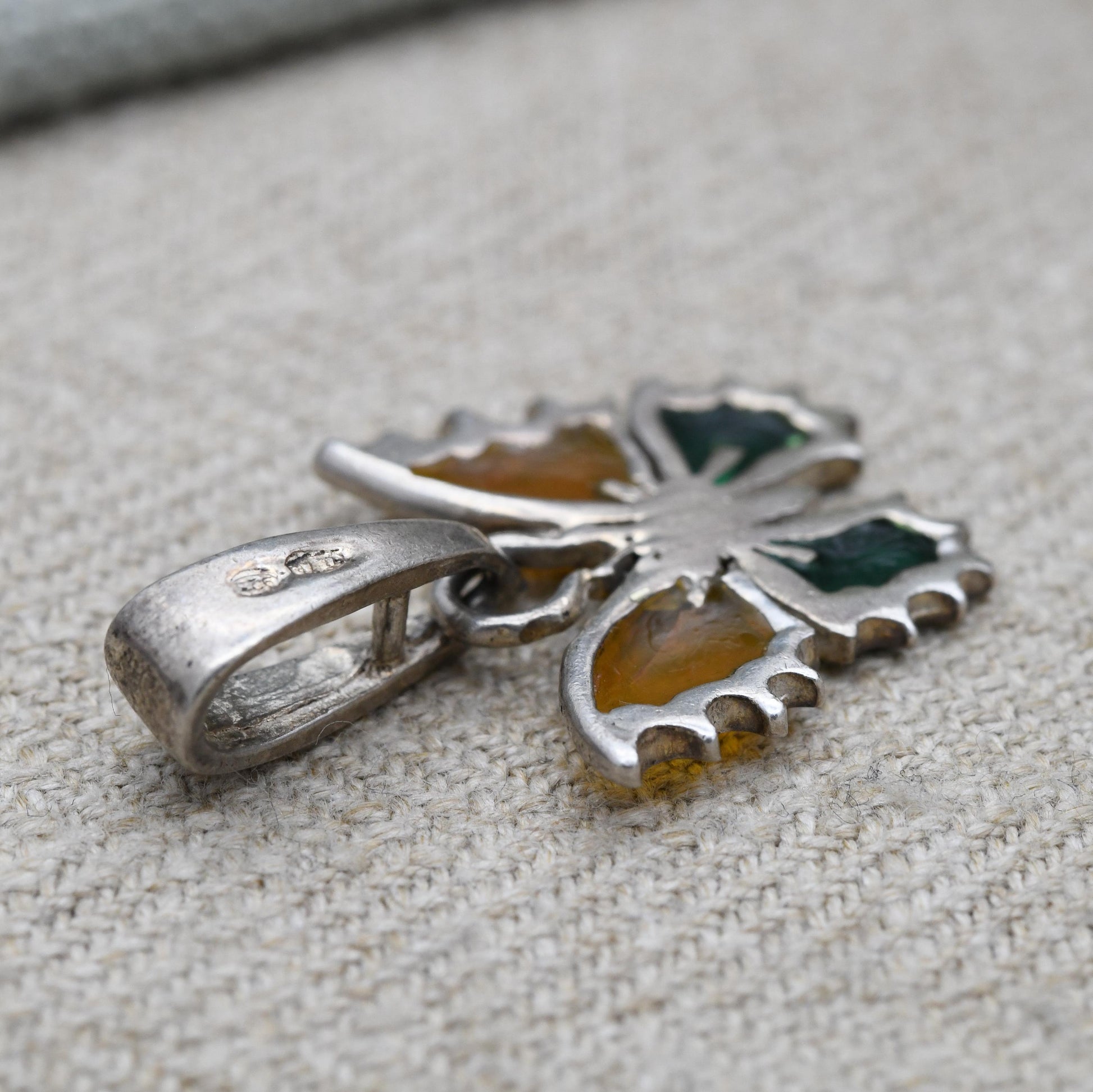 Vintage Sterling Silver Butterfly Pendant with Plique a Jour Wings - Yellow and Green Stained Glass | Pendant Charm Necklace Stack