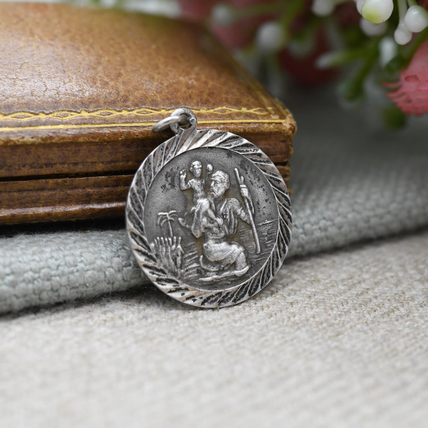 Vintage Sterling Silver St. Christopher Pendant - Embossed Relief | Circle Shape | Saint of Travelling | Religious Jewellery