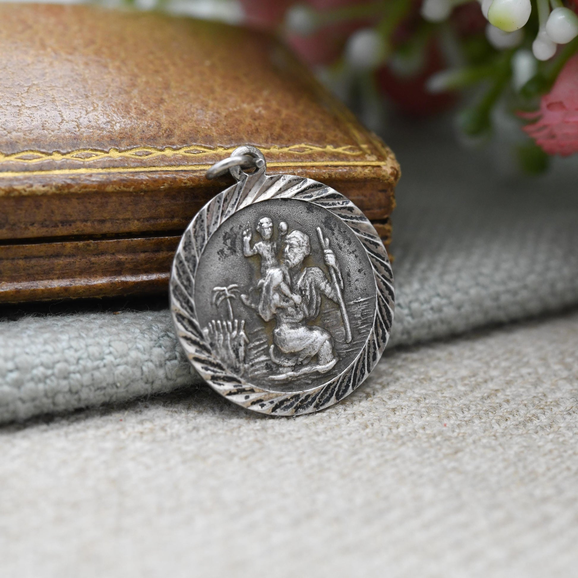 Vintage Sterling Silver St. Christopher Pendant - Embossed Relief | Circle Shape | Saint of Travelling | Religious Jewellery