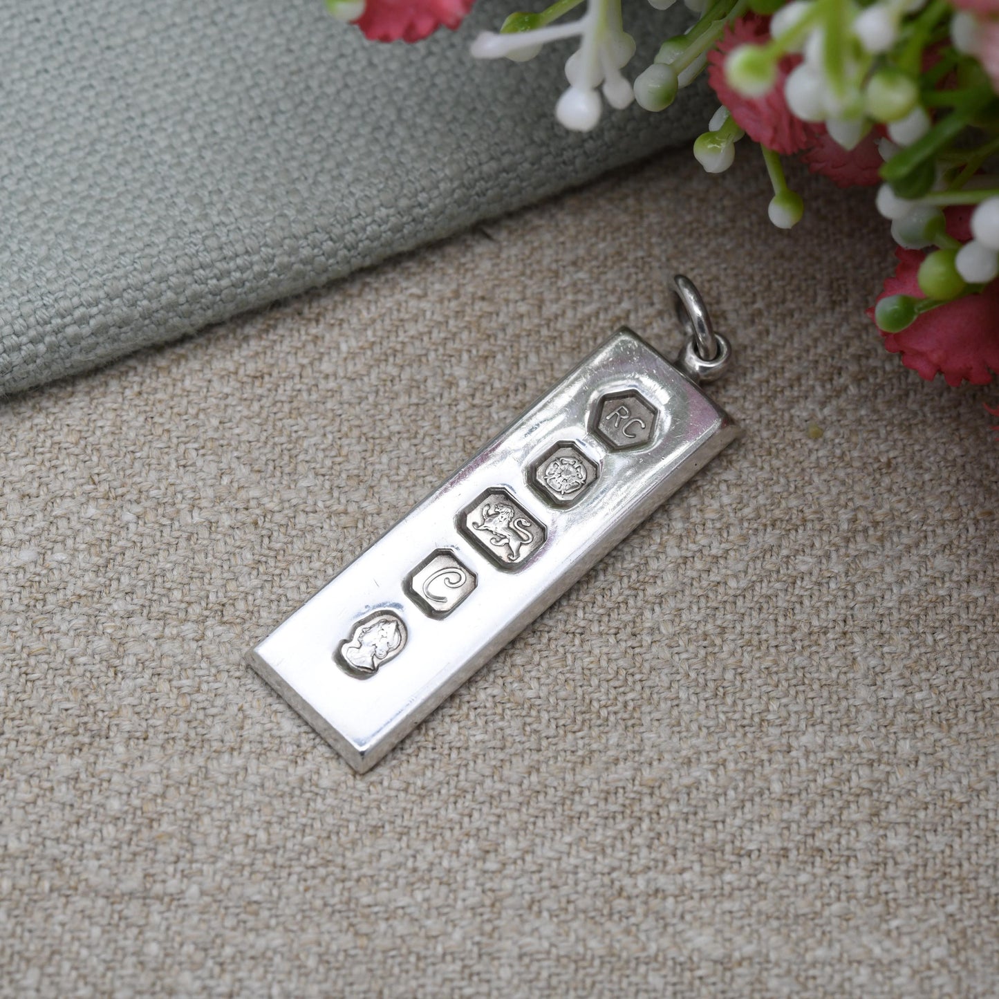 Vintage Sterling Silver Ingot Pendant 1977 Queen Elizabeth II Silver Jubilee Stamp - Hallmarked RC Carrs of Sheffield | Mid-Century Necklace
