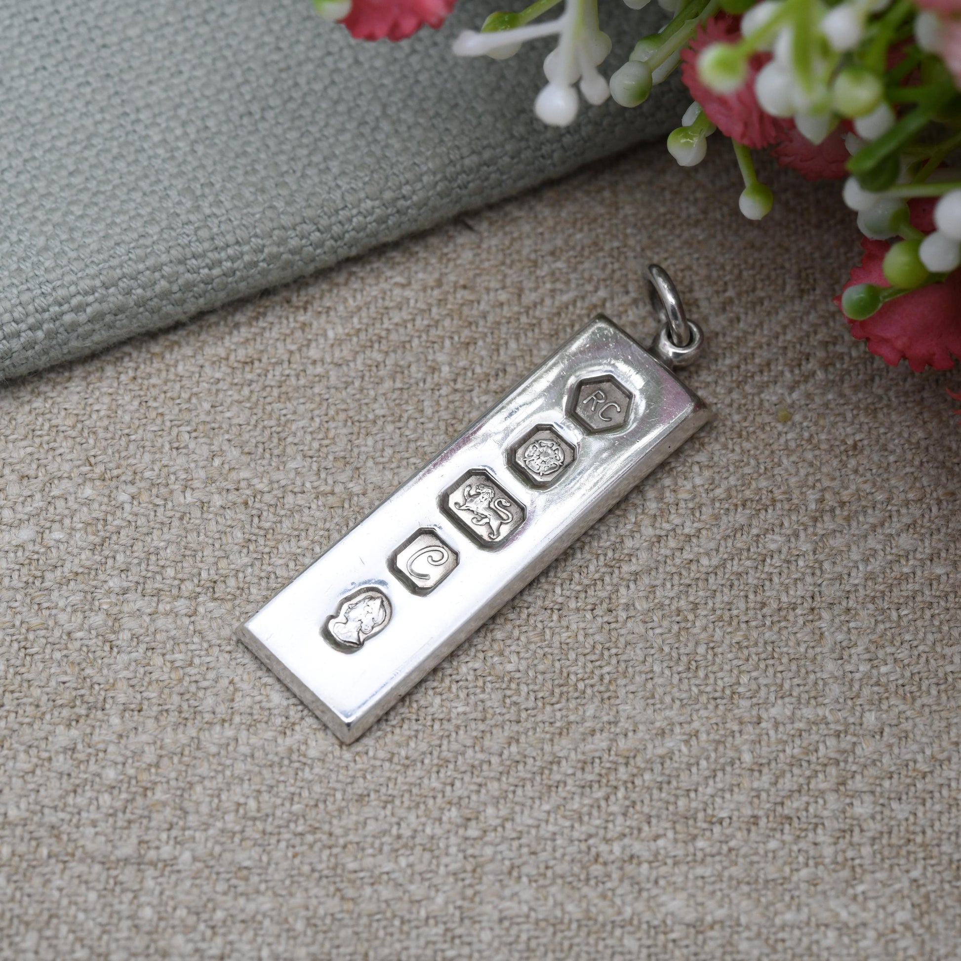 Vintage Sterling Silver Ingot Pendant 1977 Queen Elizabeth II Silver Jubilee Stamp - Hallmarked RC Carrs of Sheffield | Mid-Century Necklace