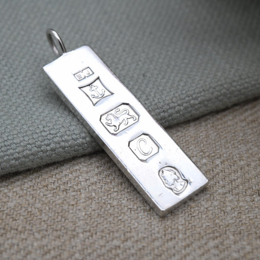 Vintage Sterling Silver Ingot Pendant 1977 with Queen Elizabeth II Silver Jubilee Stamp - Hallmarked WJ Birmingham | Mid-Century Necklace