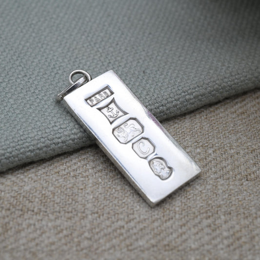 Vintage Sterling Silver Ingot Pendant 1977 Queen Elizabeth II Silver Jubilee Stamp - Hallmarked P&RB P R Bushell | Midcentury Necklace