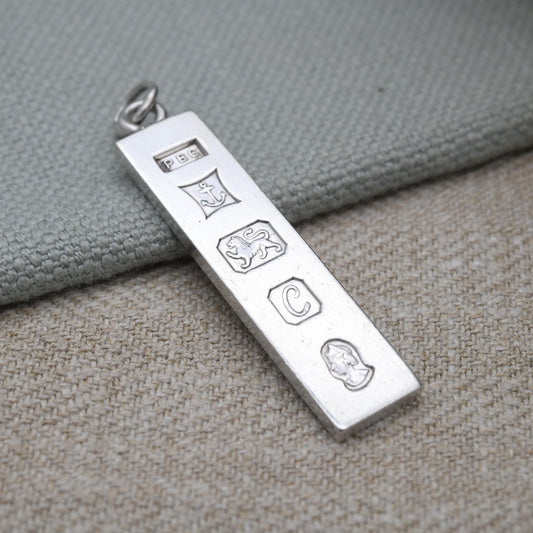 Vintage Sterling Silver Ingot Pendant 1977 with Queen Elizabeth II Silver Jubilee Stamp - Hallmarked PBC Birmingham | Mid-Century Necklace