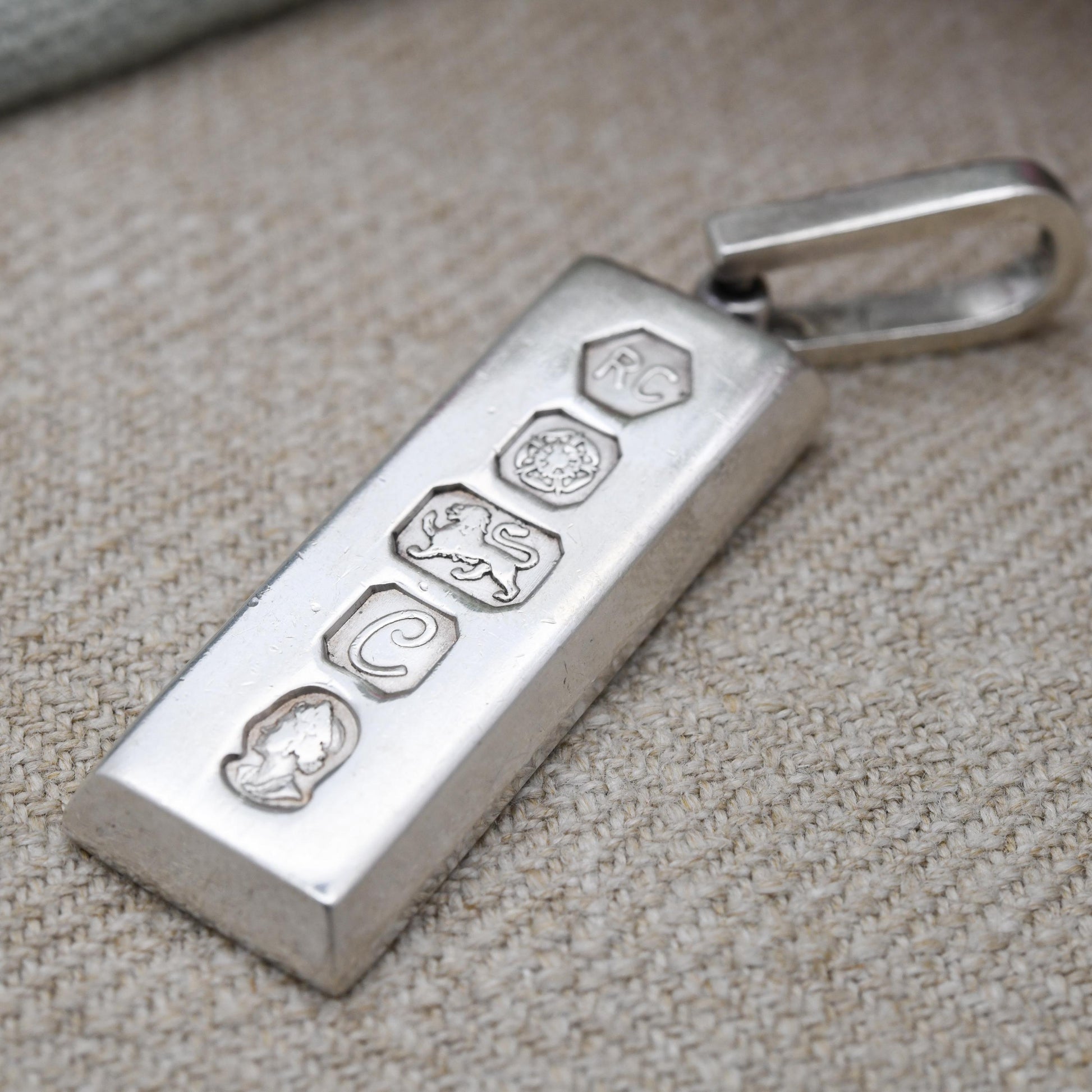 Vintage Sterling Silver Ingot Pendant 1977 Queen Elizabeth II Silver Jubilee Stamp - Hallmarked RC Carrs of Sheffield | Mid-Century Necklace
