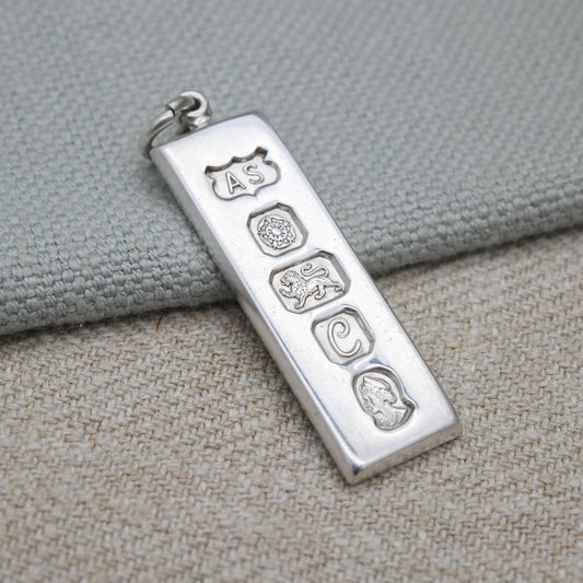 Vintage Sterling Silver Ingot Pendant 1977 with Queen Elizabeth II Silver Jubilee Stamp - Hallmarked AS Sheffield | Mid-Century Necklace