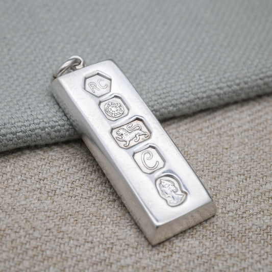 Vintage Sterling Silver Ingot Pendant 1977 Queen Elizabeth II Silver Jubilee Stamp - Hallmarked RC Carrs of Sheffield | Mid-Century Necklace
