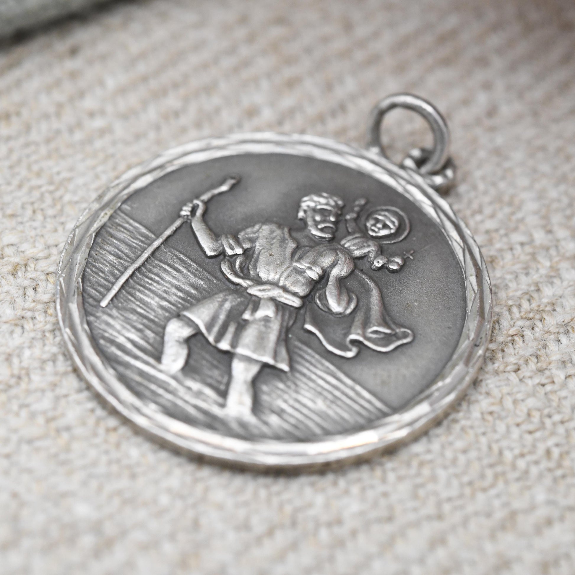Vintage Sterling Silver St. Christopher Pendant Mid-Century - Circle | Geometric Pattern | Saint of Travelling | Christian Religious Gift