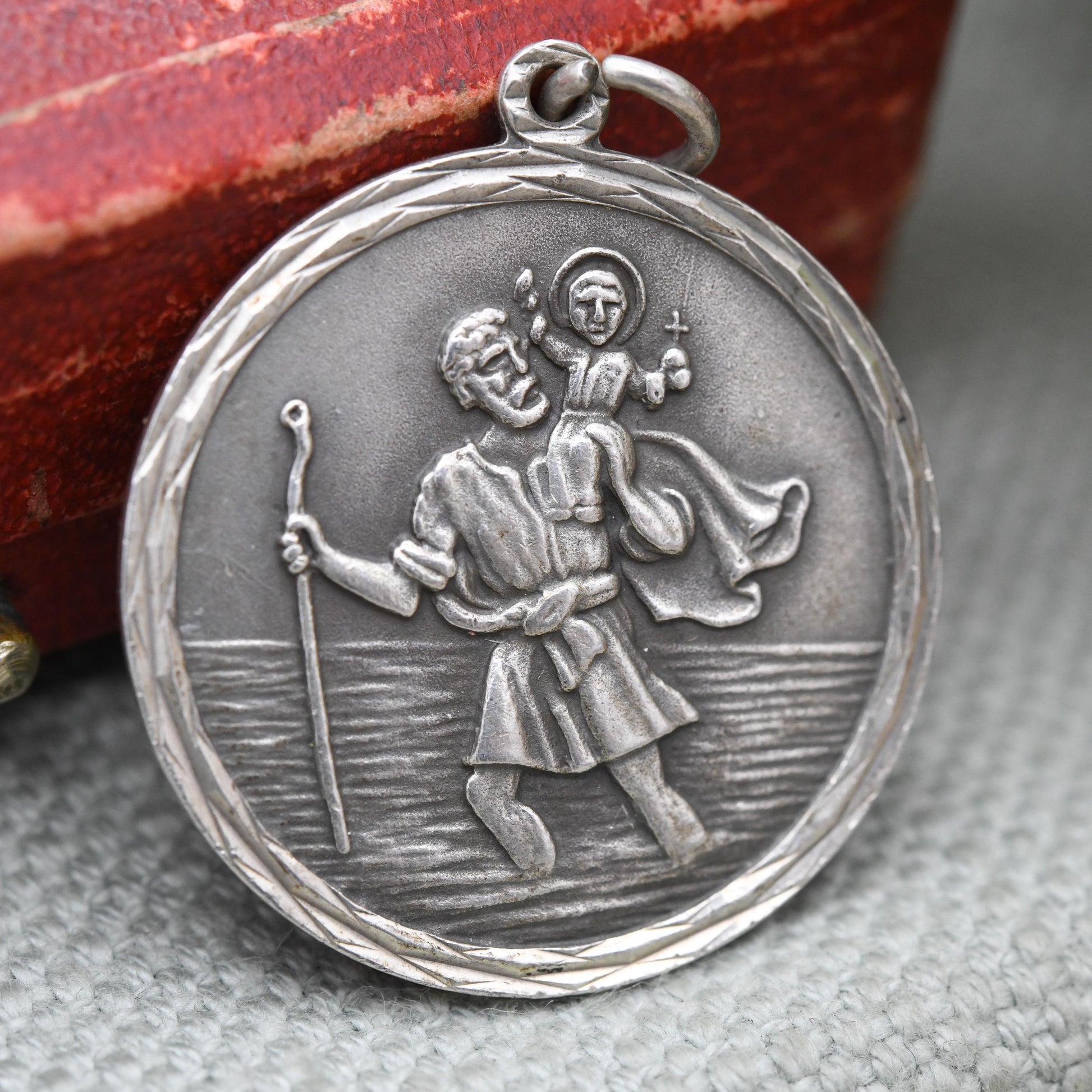 Vintage Sterling Silver St. Christopher Pendant Mid-Century - Circle | Geometric Pattern | Saint of Travelling | Christian Religious Gift