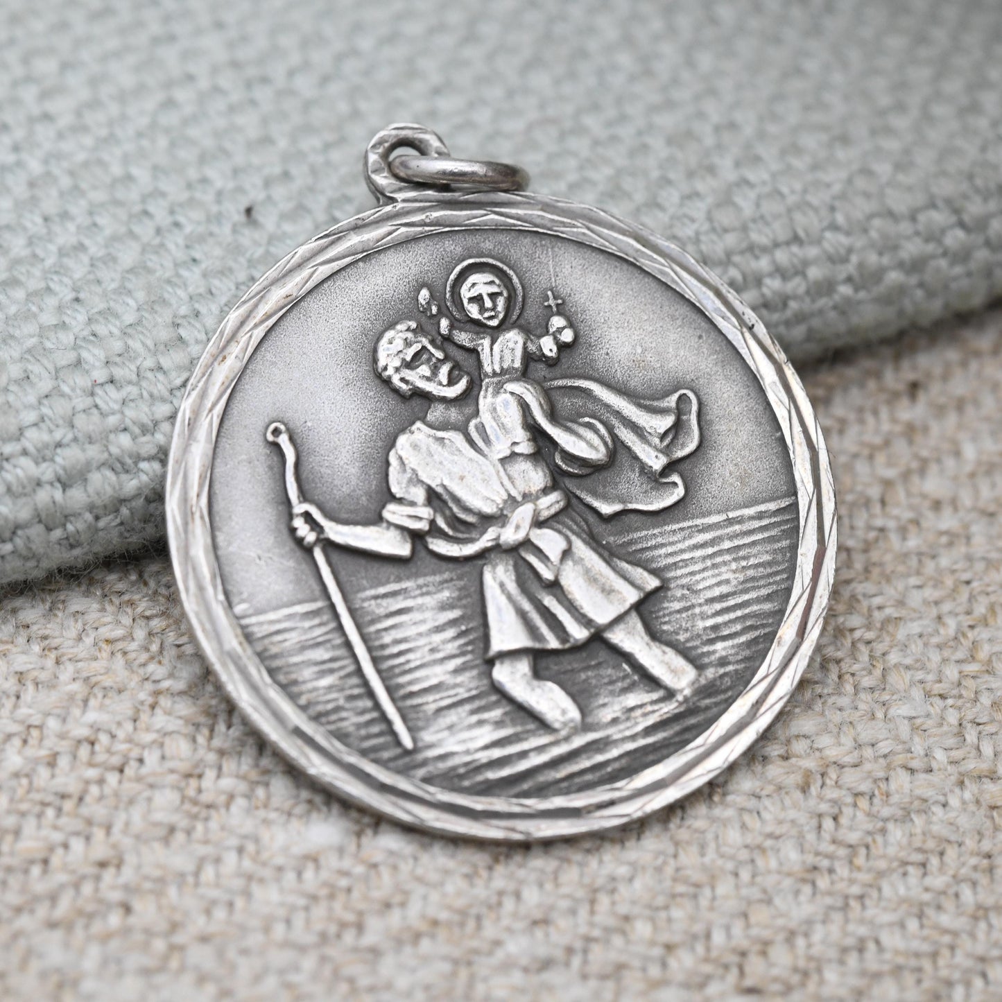 Vintage Sterling Silver St. Christopher Pendant Mid-Century - Circle | Geometric Pattern | Saint of Travelling | Christian Religious Gift