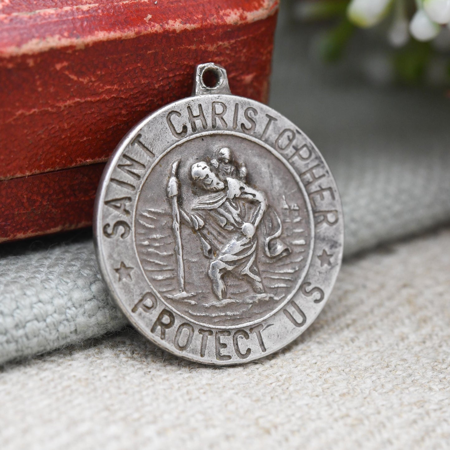 Vintage Sterling Silver St. Christopher Pendant Mid-Century - Saint Christopher Protect Us Border | Christian Religious Jewellery Gift