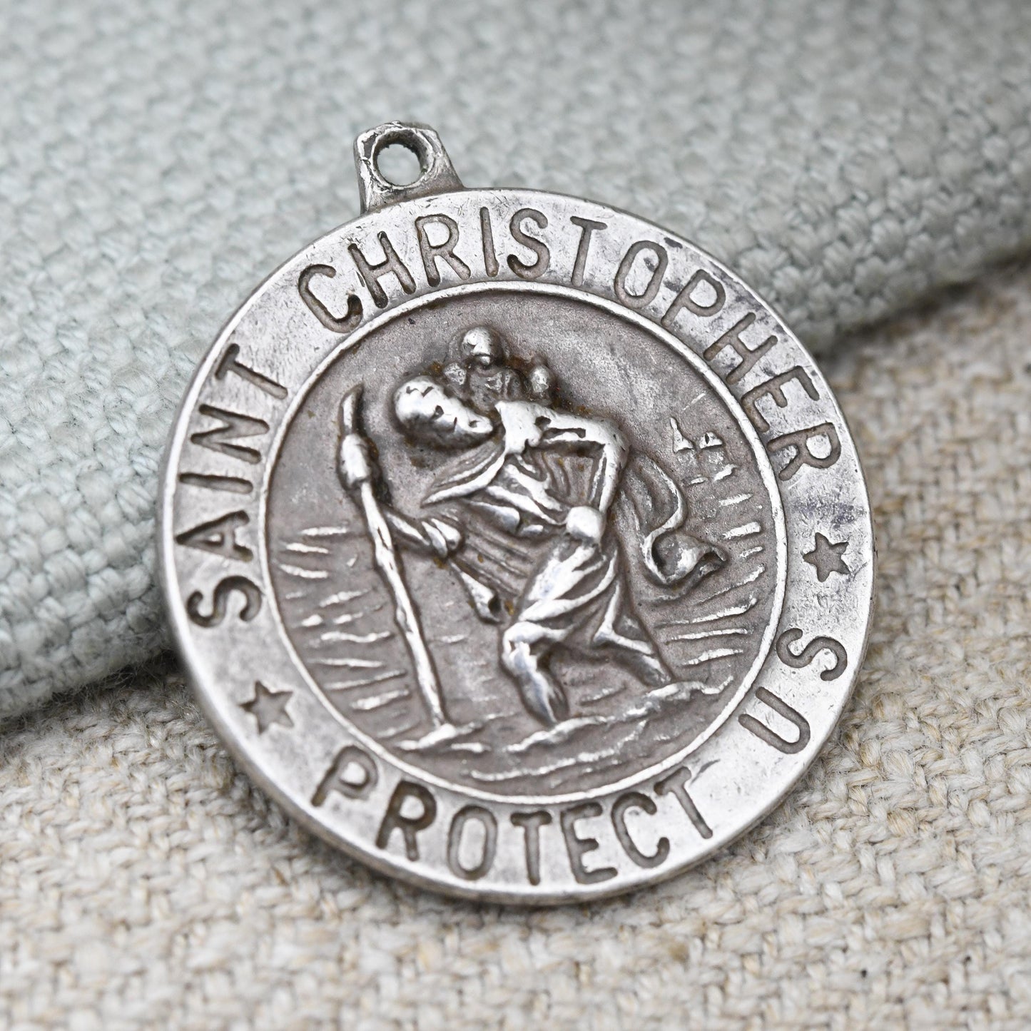 Vintage Sterling Silver St. Christopher Pendant Mid-Century - Saint Christopher Protect Us Border | Christian Religious Jewellery Gift