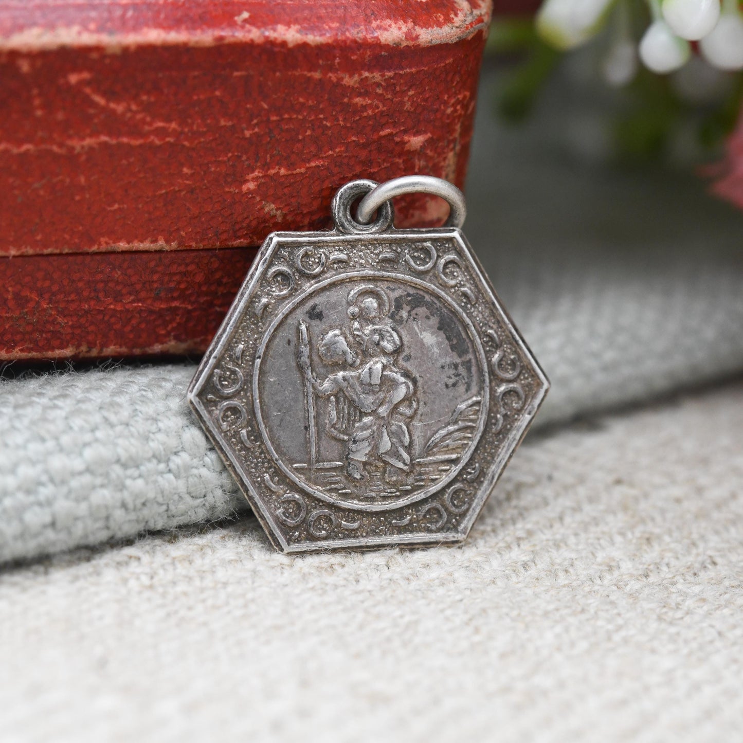 Vintage Sterling Silver St. Christopher Pendant Mid-Century - Textured Border | Saint of Travelling | Christian Religious Jewellery Gift