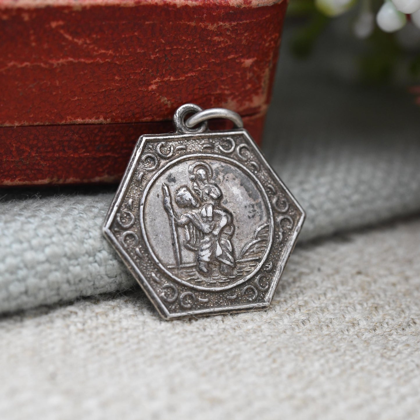 Vintage Sterling Silver St. Christopher Pendant Mid-Century - Textured Border | Saint of Travelling | Christian Religious Jewellery Gift