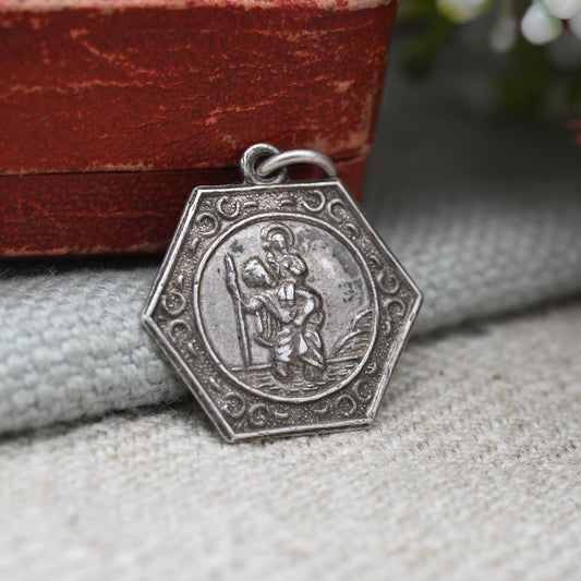 Vintage Sterling Silver St. Christopher Pendant Mid-Century - Textured Border | Saint of Travelling | Christian Religious Jewellery Gift