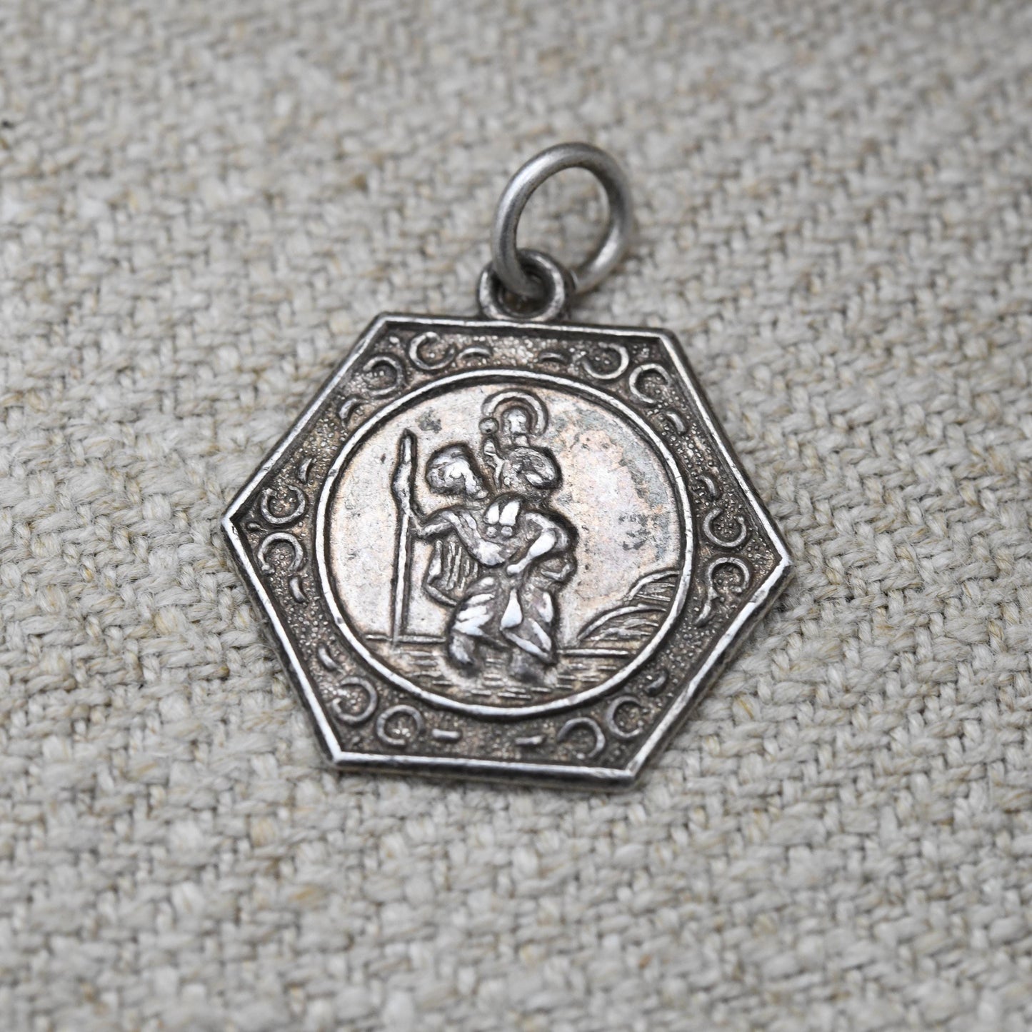 Vintage Sterling Silver St. Christopher Pendant Mid-Century - Textured Border | Saint of Travelling | Christian Religious Jewellery Gift