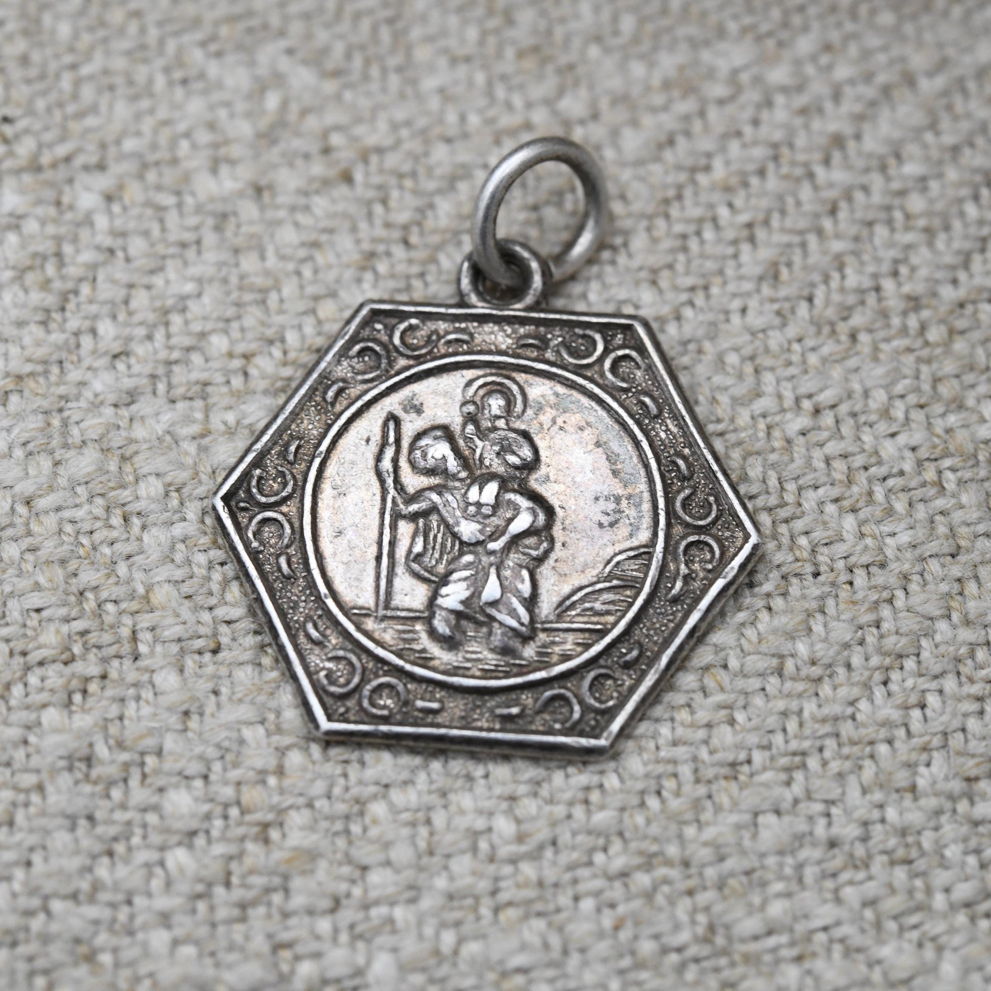 Vintage Sterling Silver St. Christopher Pendant Mid-Century - Textured Border | Saint of Travelling | Christian Religious Jewellery Gift