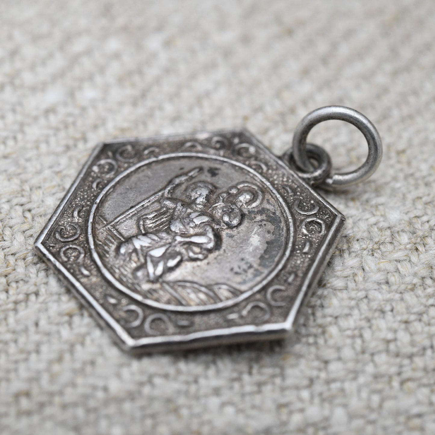 Vintage Sterling Silver St. Christopher Pendant Mid-Century - Textured Border | Saint of Travelling | Christian Religious Jewellery Gift