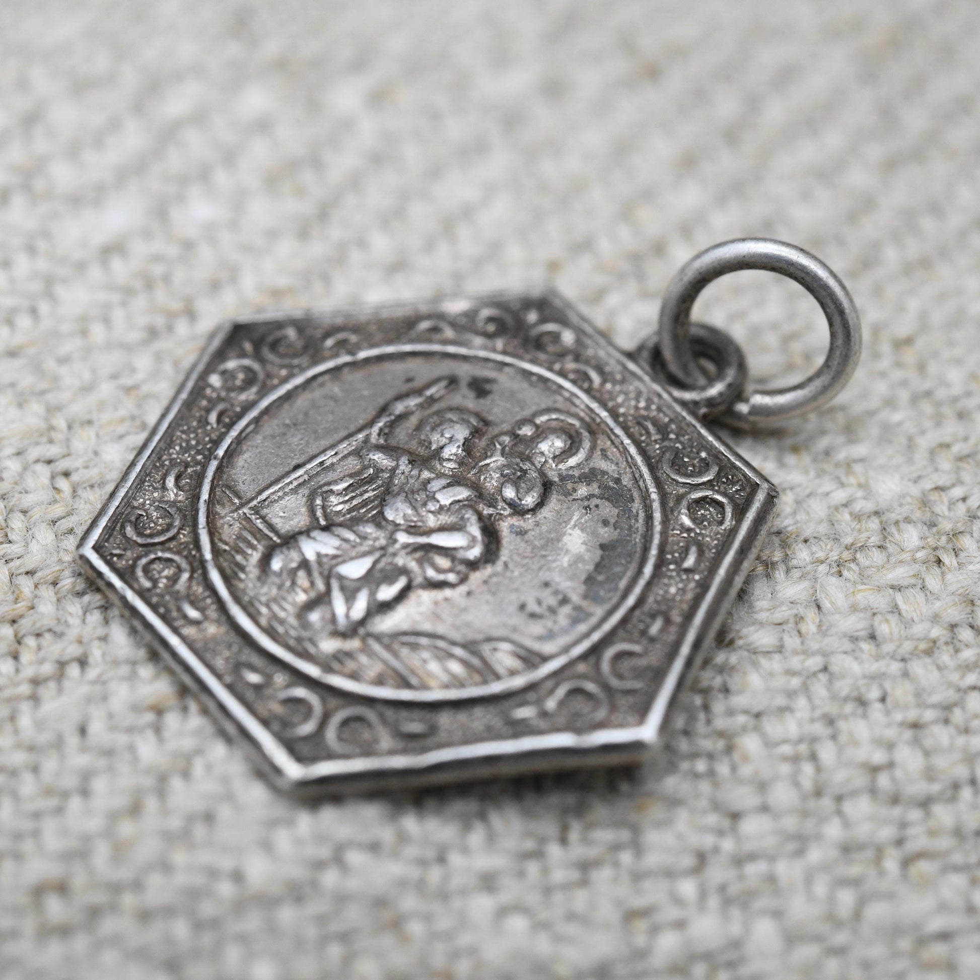 Vintage Sterling Silver St. Christopher Pendant Mid-Century - Textured Border | Saint of Travelling | Christian Religious Jewellery Gift