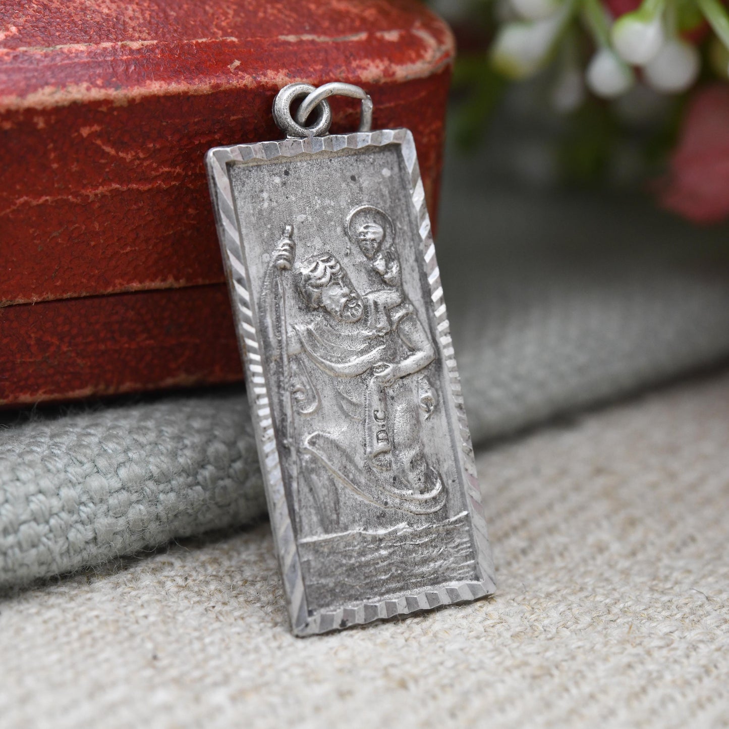 Vintage Sterling Silver St. Christopher Pendant Mid-Century - Rectangular Saint of Travelling | Christian Religious Detailed Jewellery Gift