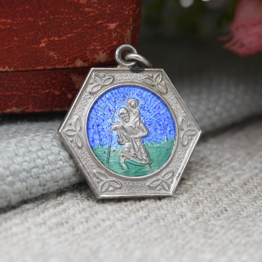 Vintage Sterling Silver St. Christopher Pendant Mid-Century - Enamel | Hexagon | Saint of Travelling | Christian Religious Gift