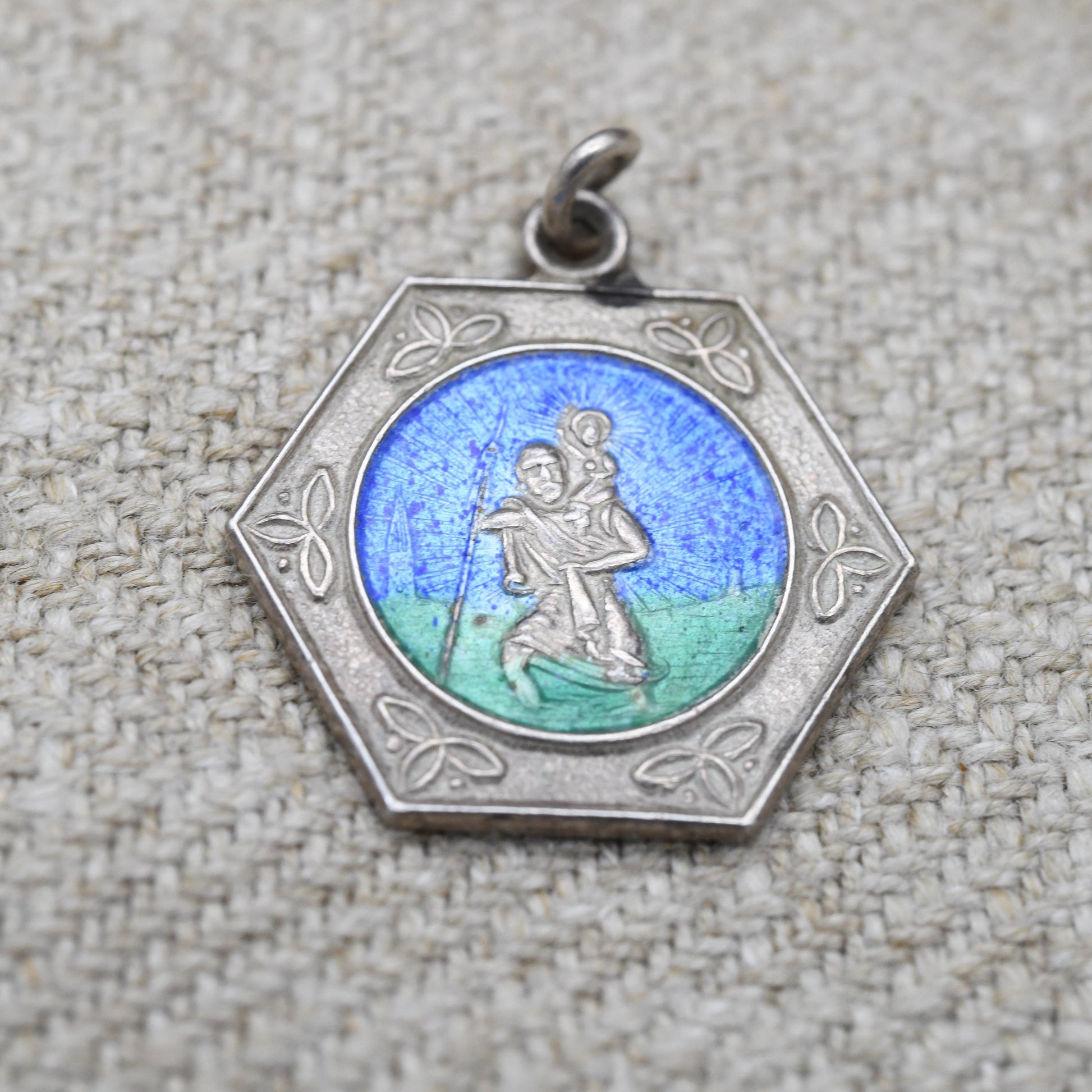 Vintage Sterling Silver St. Christopher Pendant Mid-Century - Enamel | Hexagon | Saint of Travelling | Christian Religious Gift