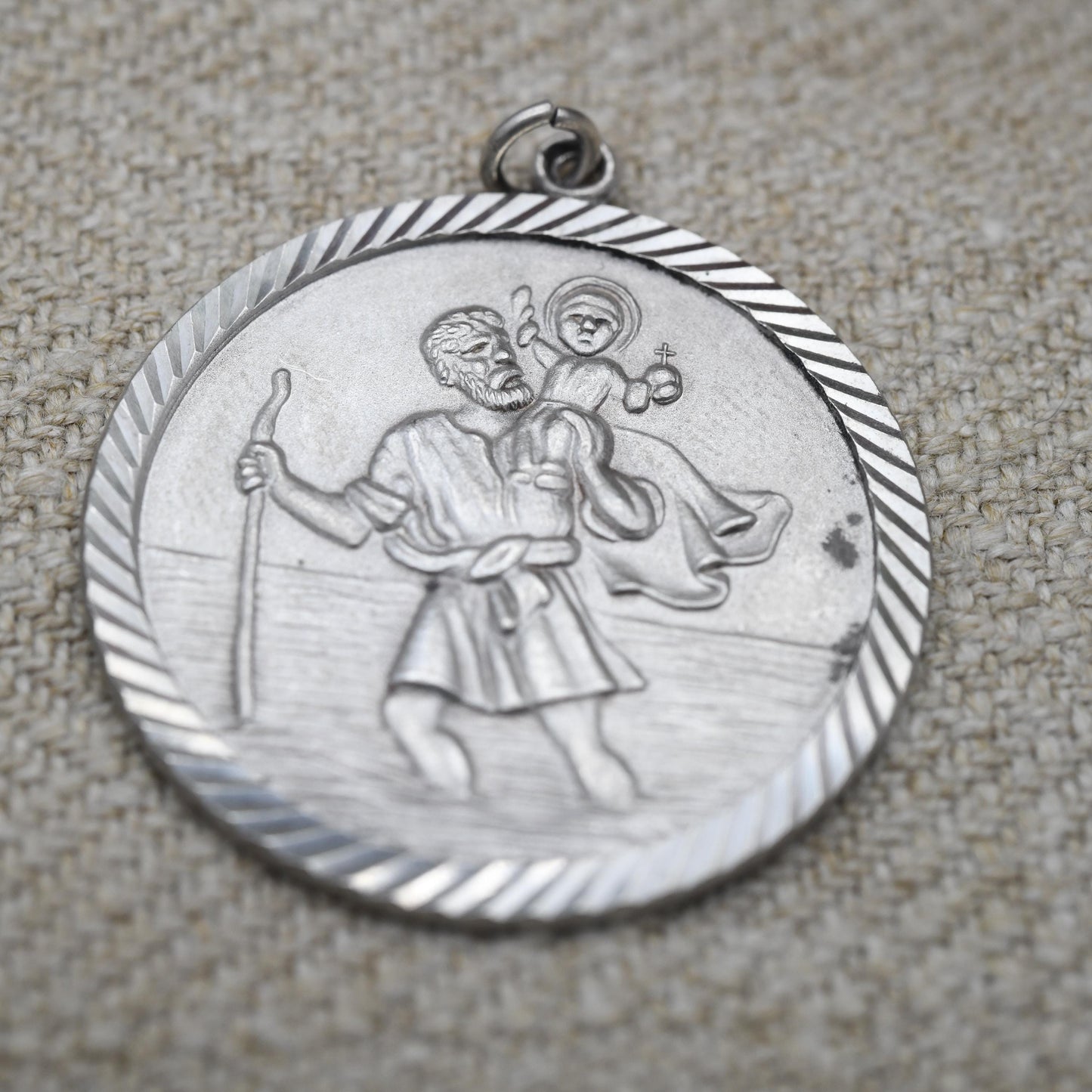 Vintage Sterling Silver St. Christopher Pendant Mid-Century - Large Circle Saint of Travelling | Christian Religious Detailed Jewellery Gift