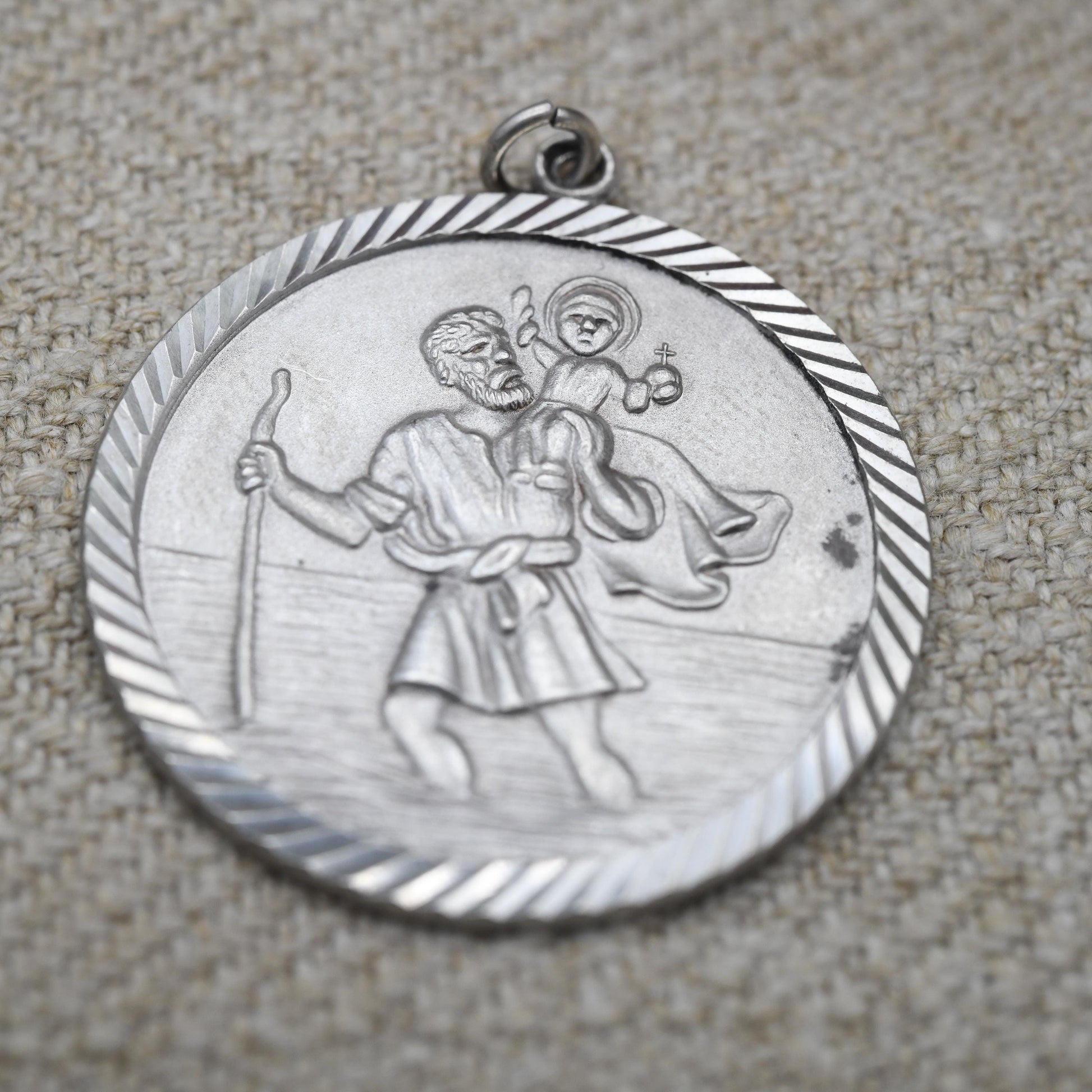 Vintage Sterling Silver St. Christopher Pendant Mid-Century - Large Circle Saint of Travelling | Christian Religious Detailed Jewellery Gift
