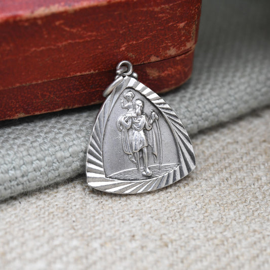Vintage Sterling Silver St. Christopher Pendant Mid-Century - Triangle | Saint of Travelling | Christian Religious Detailed Jewellery Gift