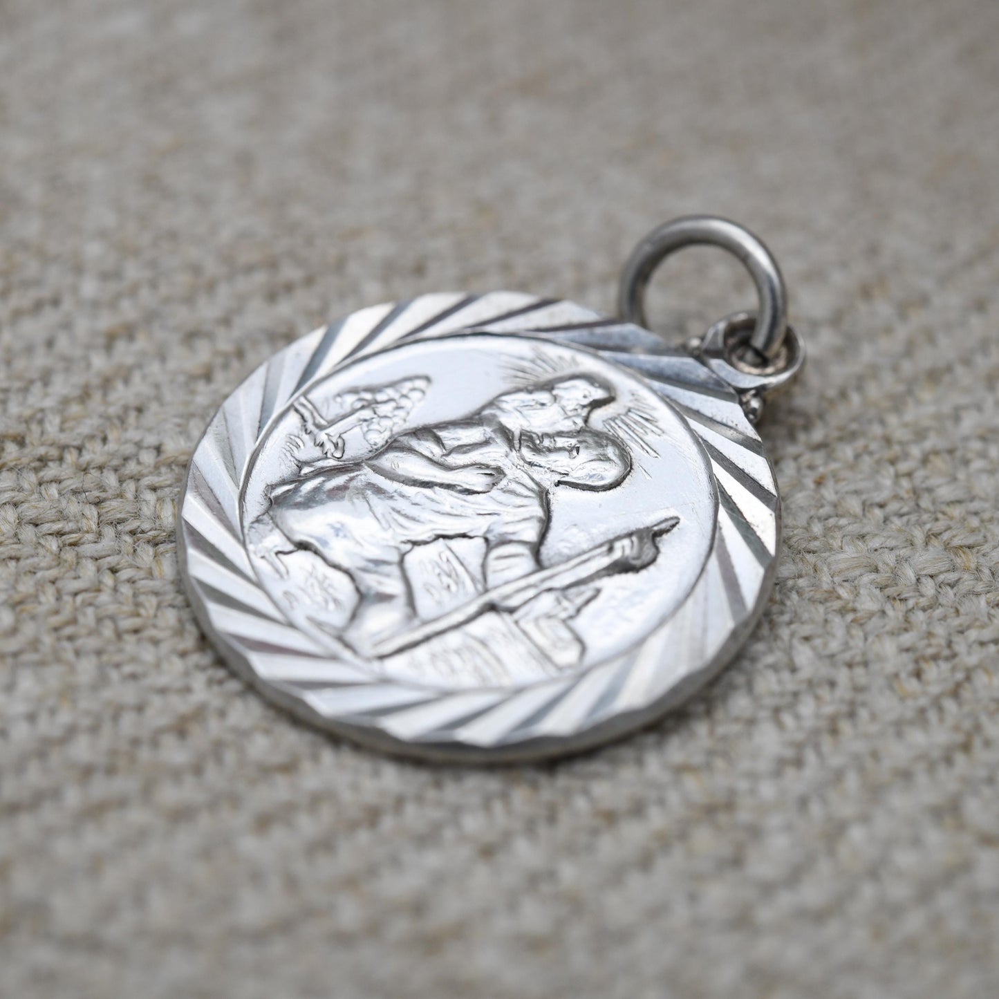 Vintage Sterling Silver St. Christopher Pendant Mid-Century - Circle | Saint of Travelling | Christian Religious Detailed Jewellery Gift
