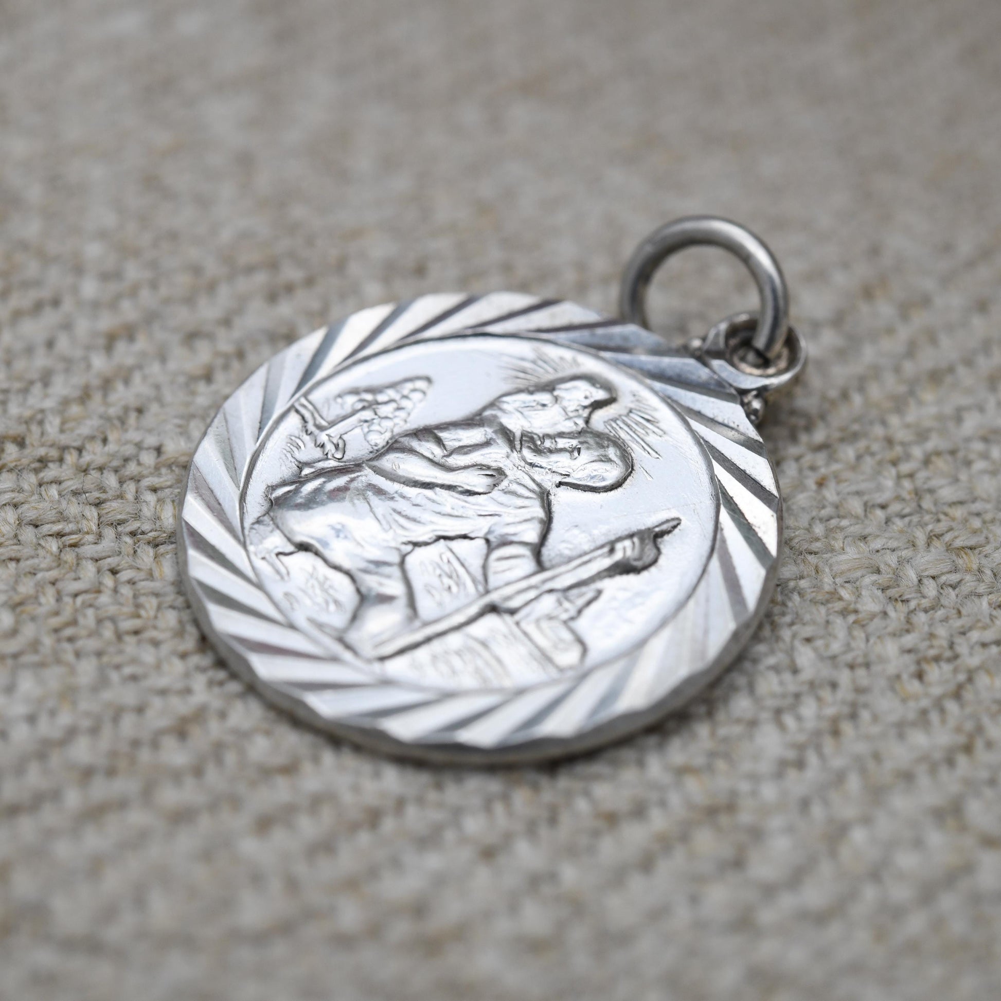 Vintage Sterling Silver St. Christopher Pendant Mid-Century - Circle | Saint of Travelling | Christian Religious Detailed Jewellery Gift