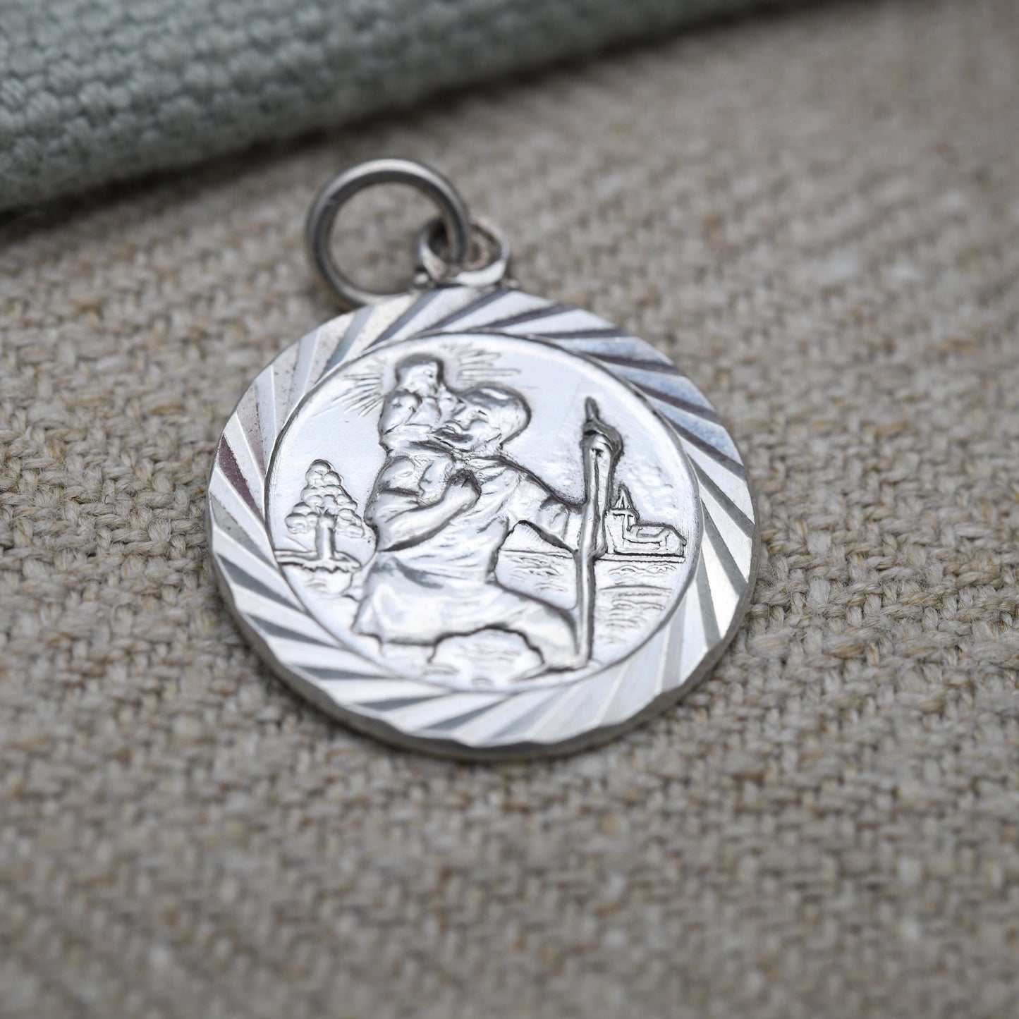 Vintage Sterling Silver St. Christopher Pendant Mid-Century - Circle | Saint of Travelling | Christian Religious Detailed Jewellery Gift