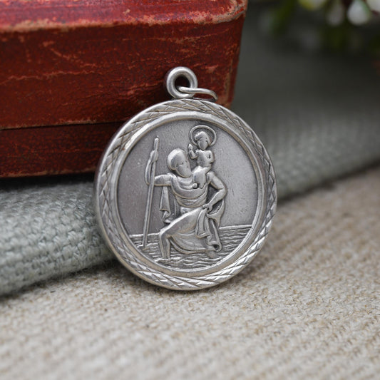 Vintage Sterling Silver St. Christopher Pendant Mid-Century - Circle | Saint of Travelling | Christian Religious | Detailed Jewellery Gift