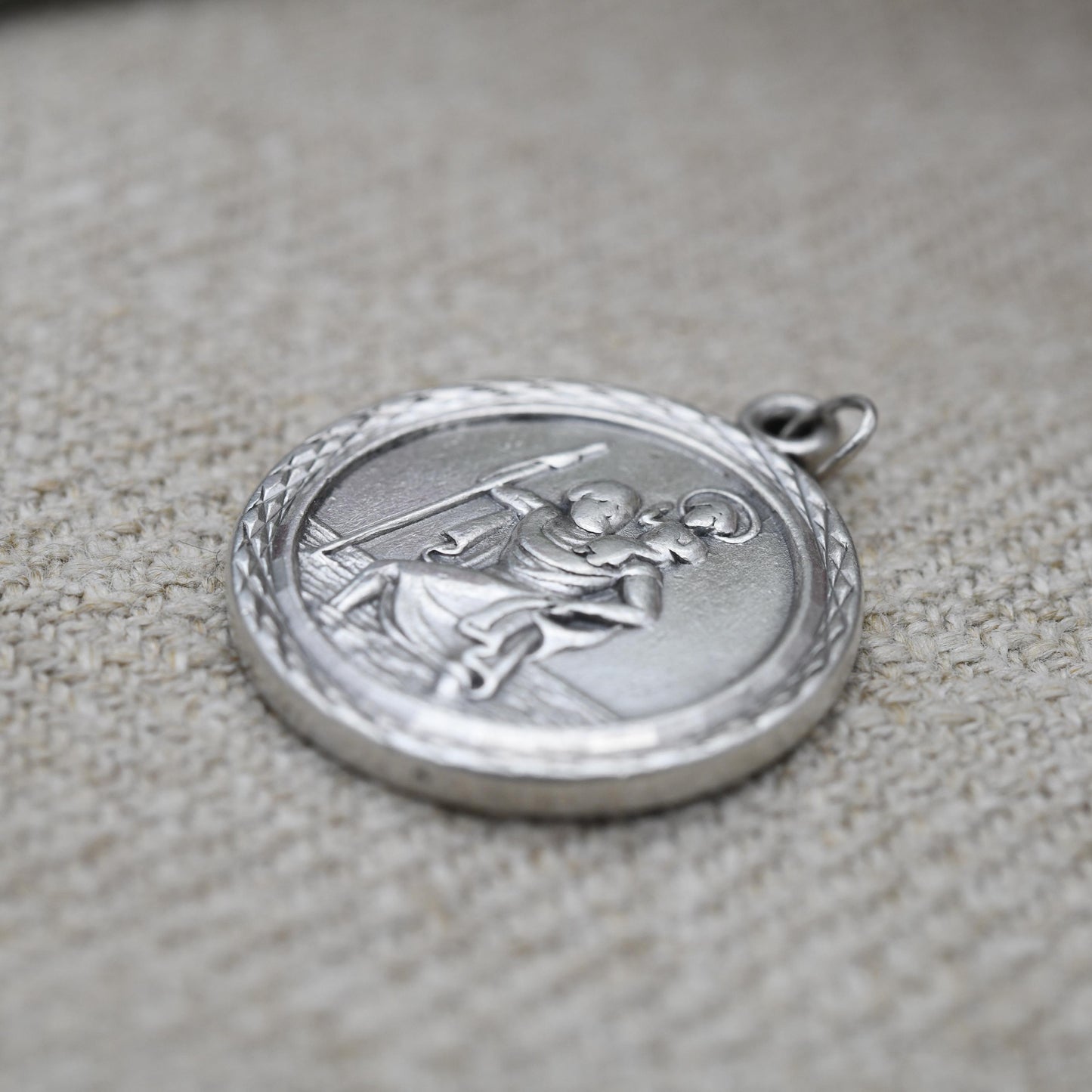 Vintage Sterling Silver St. Christopher Pendant Mid-Century - Circle | Saint of Travelling | Christian Religious | Detailed Jewellery Gift