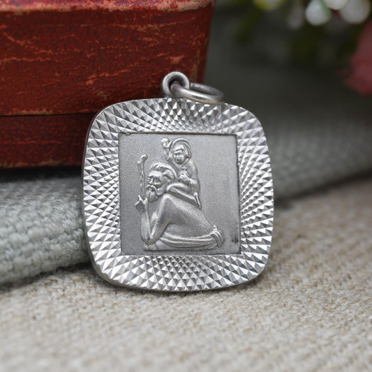 Vintage Sterling Silver St. Christopher Pendant Mid-Century - Rounded Square | Saint of Travelling | Christian Religious Jewellery Gift