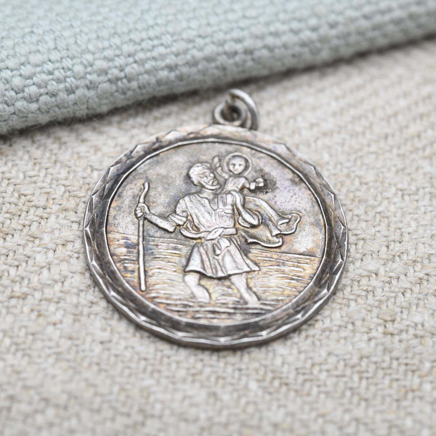 Vintage Sterling Silver St. Christopher Pendant Mid-Century - Geometric Border | Circle Saint of Travelling | Christian Jewellery Gift