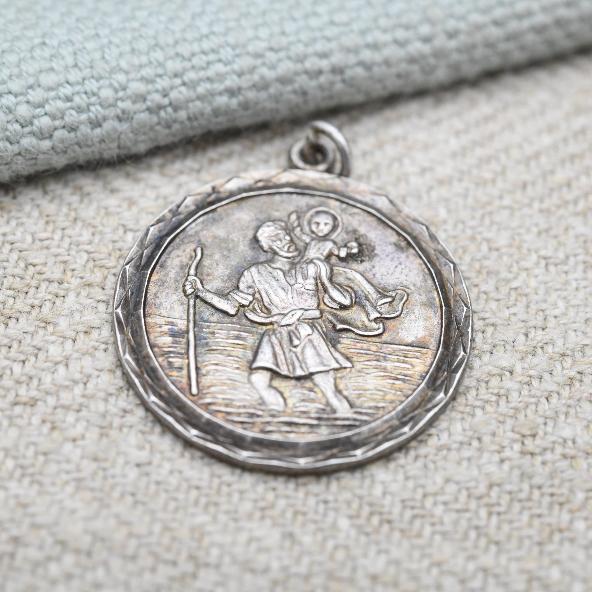 Vintage Sterling Silver St. Christopher Pendant Mid-Century - Geometric Border | Circle Saint of Travelling | Christian Jewellery Gift
