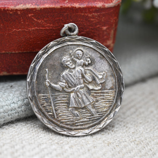 Vintage Sterling Silver St. Christopher Pendant Mid-Century - Geometric Border | Circle Saint of Travelling | Christian Jewellery Gift
