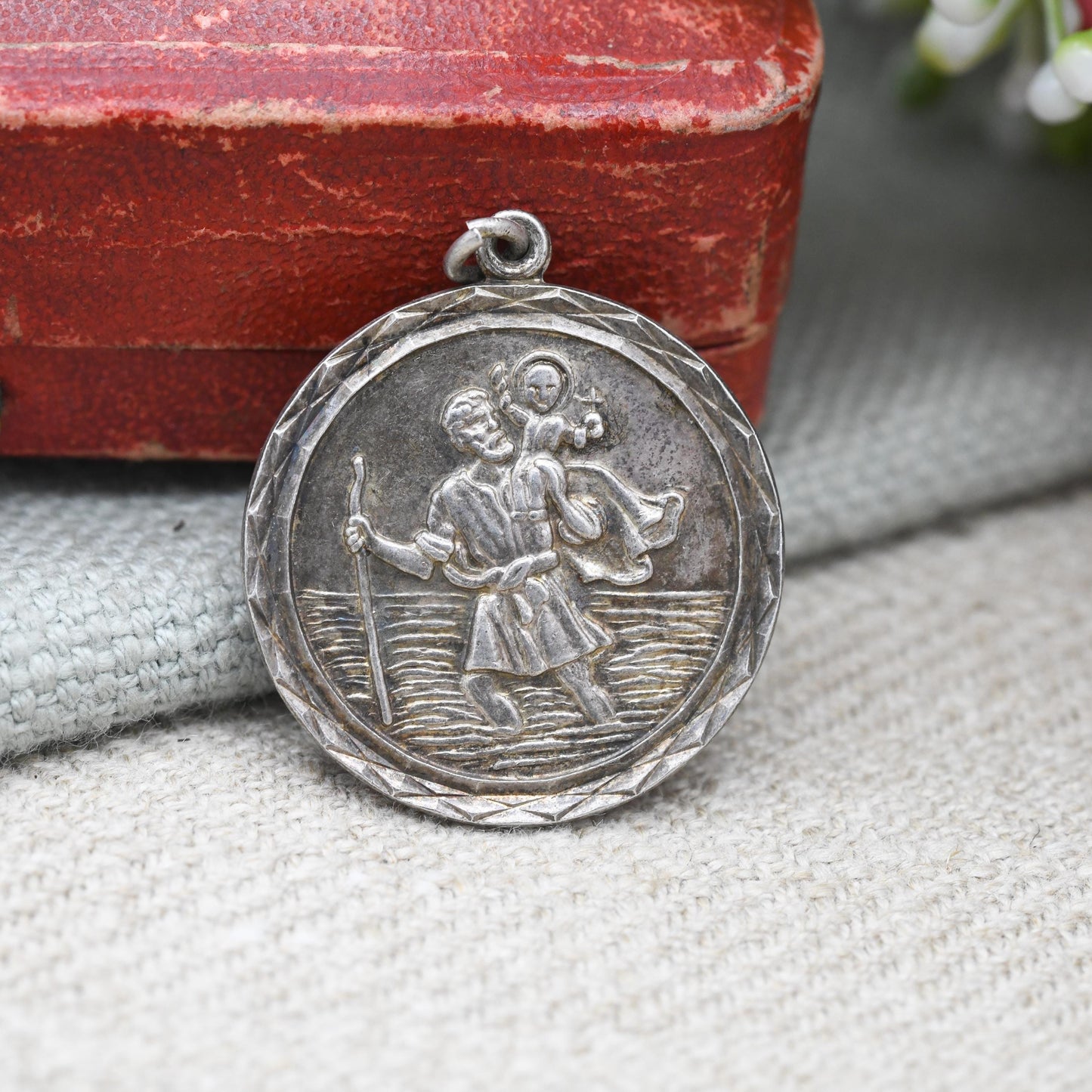 Vintage Sterling Silver St. Christopher Pendant Mid-Century - Geometric Border | Circle Saint of Travelling | Christian Jewellery Gift