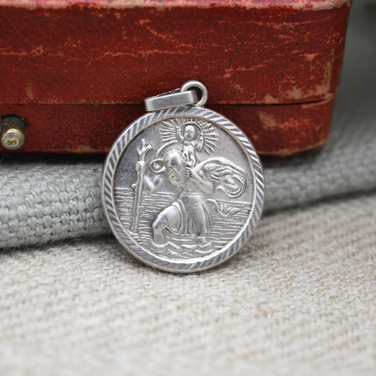 Vintage Sterling Silver St. Christopher Pendant Mid-Century - Small Circle Saint of Travelling | Christian Religious Detailed Jewellery Gift
