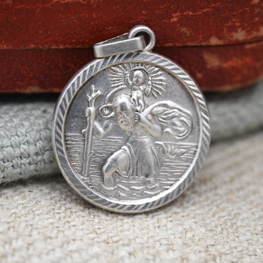 Vintage Sterling Silver St. Christopher Pendant Mid-Century - Small Circle Saint of Travelling | Christian Religious Detailed Jewellery Gift