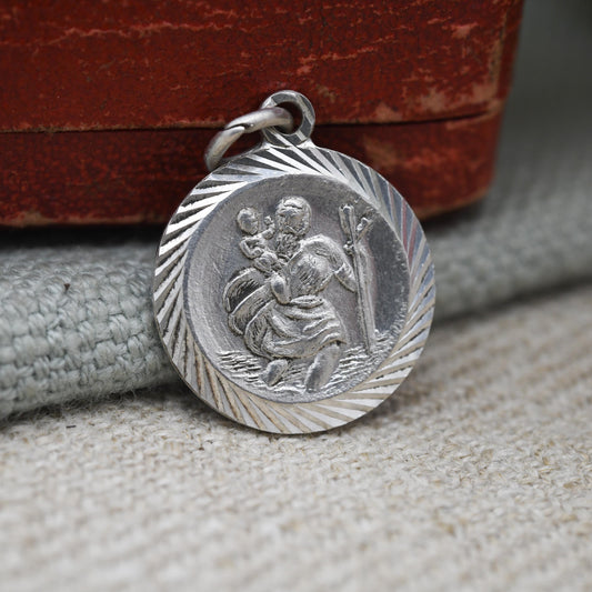 Vintage Sterling Silver St. Christopher Pendant Mid-Century - Small Circle Saint of Travelling | Christian Religious Detailed Jewellery Gift