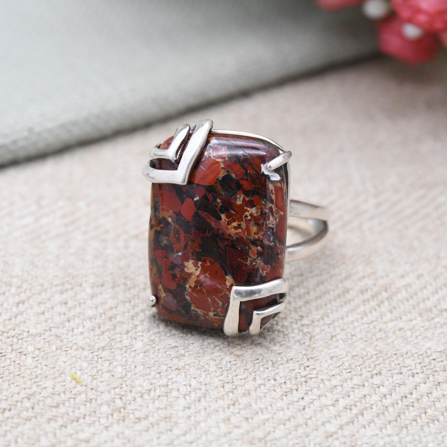 Vintage Sterling Silver Red Agate Ring - Chunky | Modernist | Red Stone | Statement Ring | UK Size - R | US Size - 8 3/4